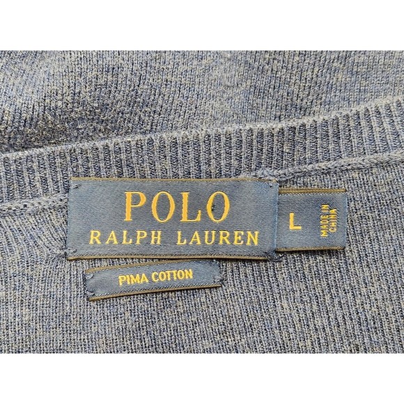 Polo Ralph Lauren Sweater Men's L V-Neck Pima Cotton Blue Knit Pullover Red Pony - Picture 4 of 7